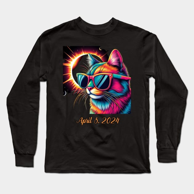 Total Solar Eclipse 2024 Cat Wearing Solar Eclipse Glasses Long Sleeve T-Shirt by Chahrazad's Treasures